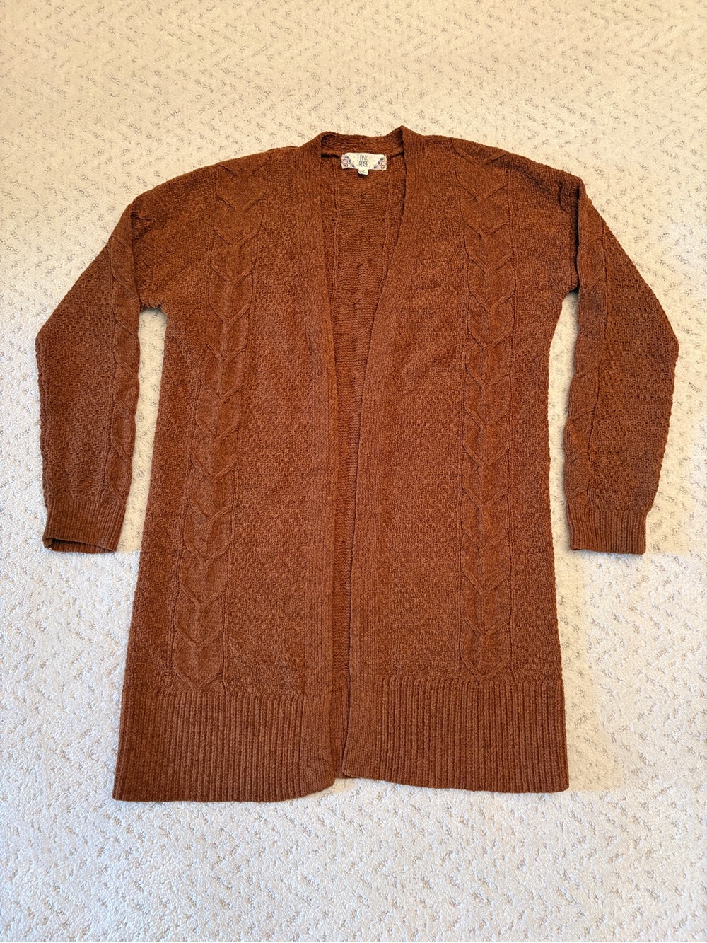 Pink Rose Soft Chenille Cardigan Sweater Size S Camel Brown Longer Length Fall